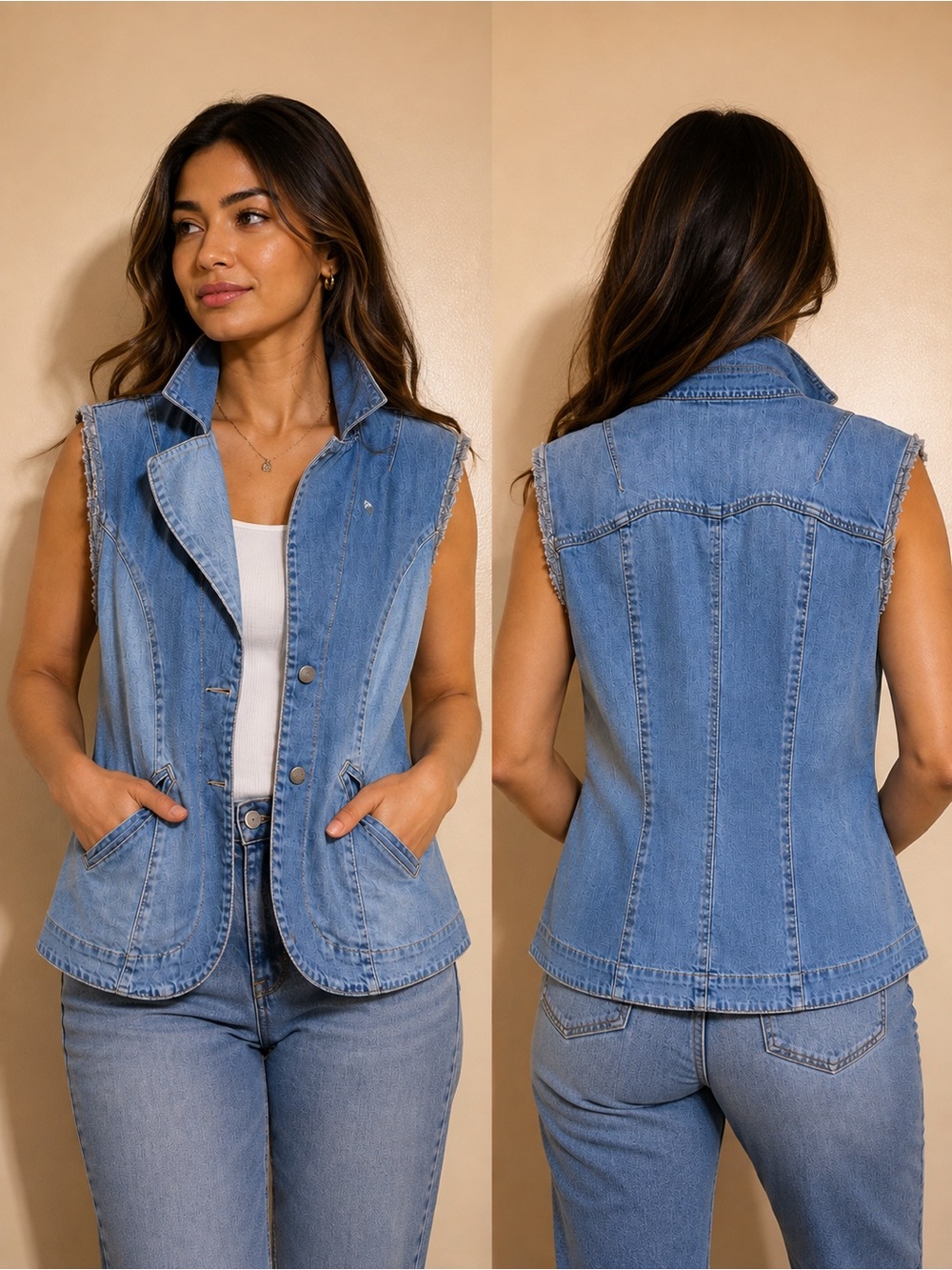 Sleeveless Light Blue Denim Vest with Notch Collar